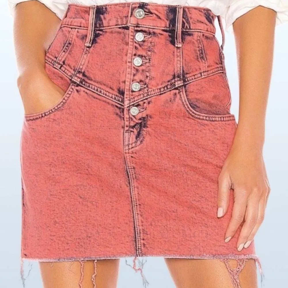 MOTHER Superior Swooner Distressed Hem A-Line Denim Acid Wash Skirt